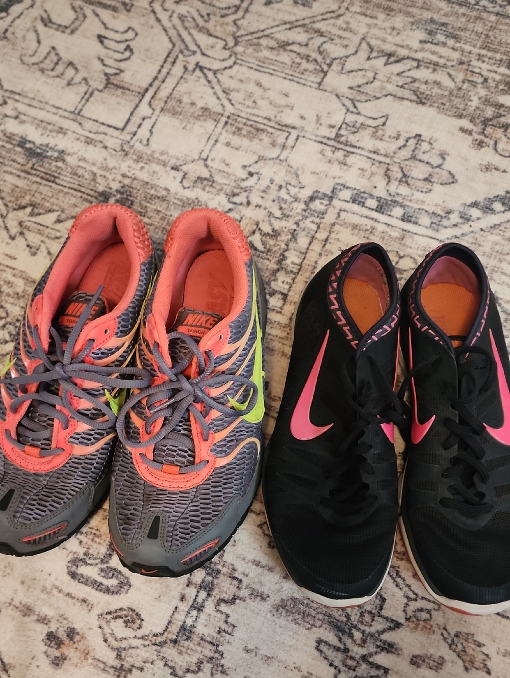 2 Pair 9.5W Nike  Running Shoes - Gray with Neon, Pink & Black